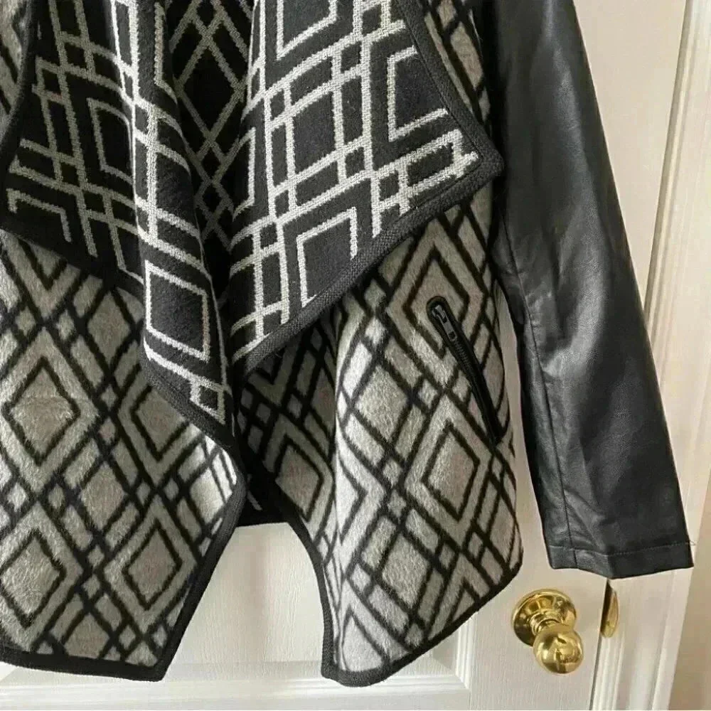 Pink  Martini Jacket Faux Leather Wool Open Front Draped Moto Black Grey Small - Picture 7 of 16